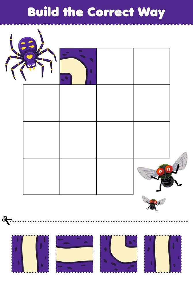 Bildungsspiel für Kinder Bauen Sie den richtigen Weg, helfen Sie der niedlichen Cartoon-Spinne, sich zum Fliegen zu bewegen. Druckbares Fehler-Arbeitsblatt vektor