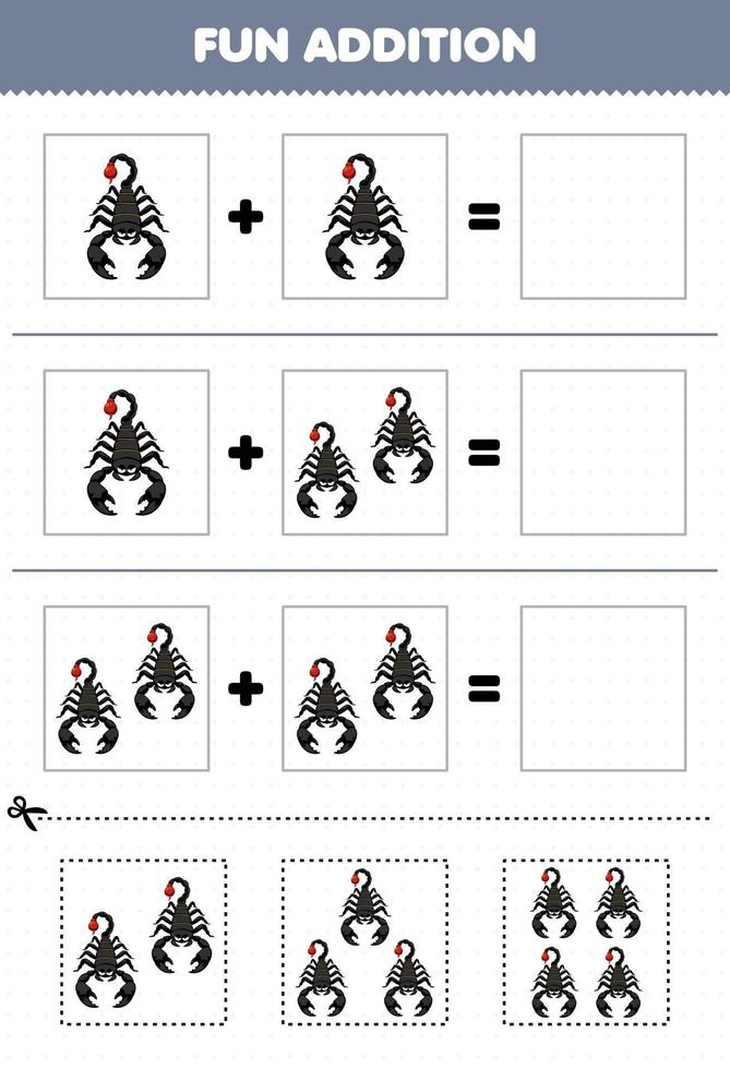 utbildning spel för barn roligt tillägg förbi skära och match av söt tecknad serie scorpion bilder för tryckbar insekt kalkylblad vektor