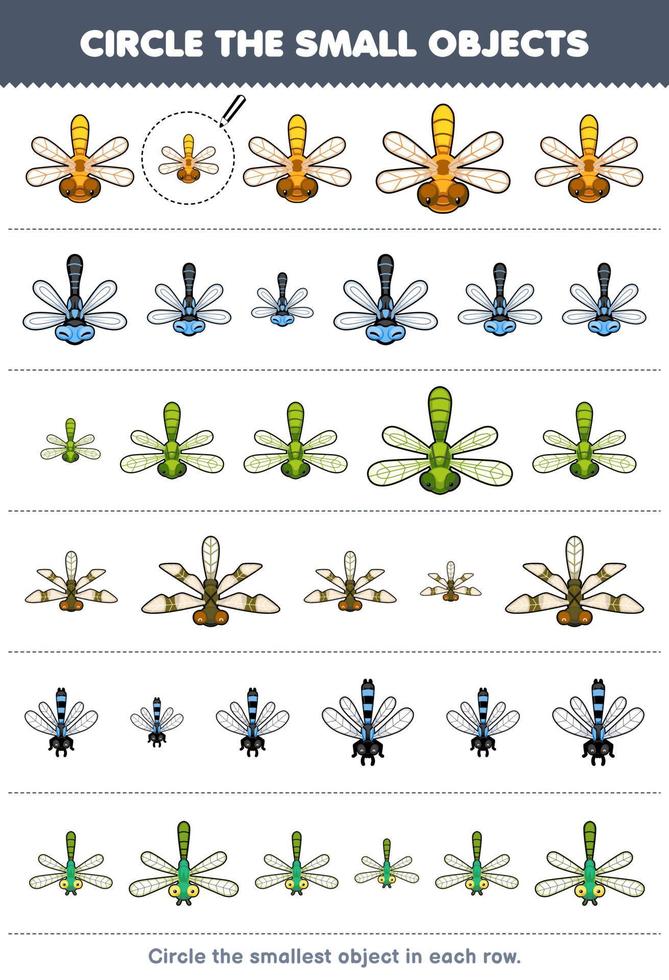 bildungsspiel für kinder kreisen sie das kleinste objekt in jeder reihe des druckbaren käfer-arbeitsblattes der niedlichen cartoon-libelle ein vektor