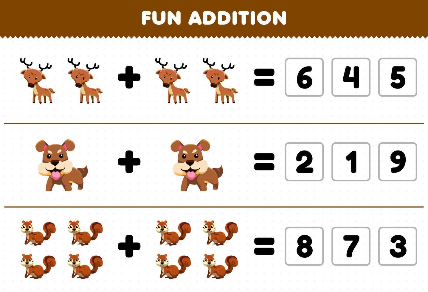 utbildning spel för barn roligt tillägg förbi gissa de korrekt siffra av söt tecknad serie rådjur hund jordekorre tryckbar djur- kalkylblad vektor