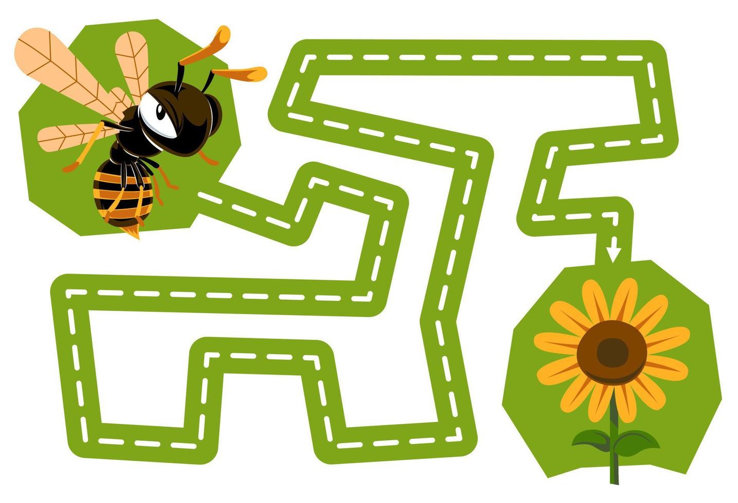 Bildungsspiel für Kinder Handschriftübung Verfolgen Sie die Linien Helfen Sie der niedlichen Cartoon-Biene, sich zum druckbaren Fehler-Arbeitsblatt für Sonnenblumen zu bewegen vektor