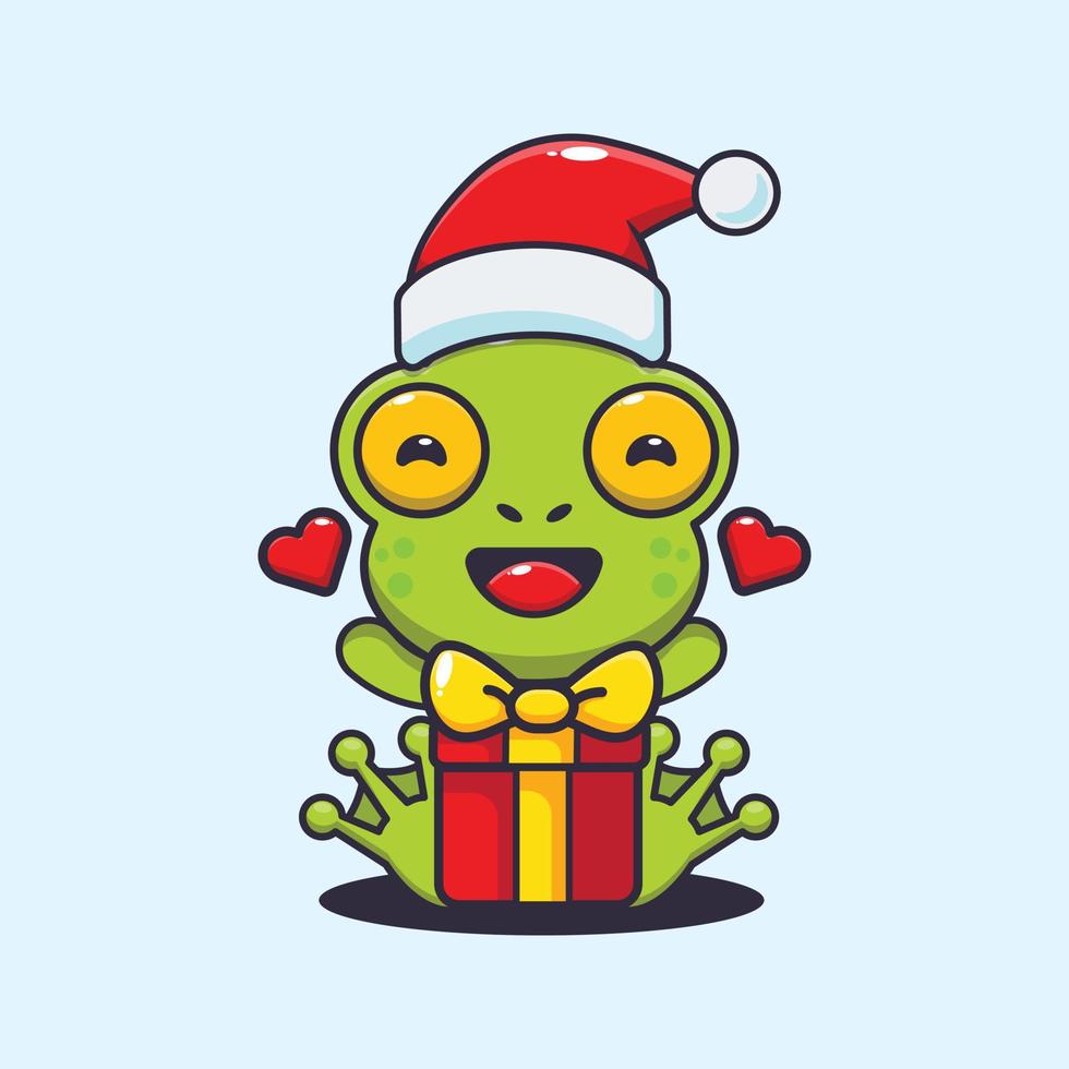 süßer frosch glücklich mit weihnachtsgeschenk. nette weihnachtskarikaturillustration. vektor