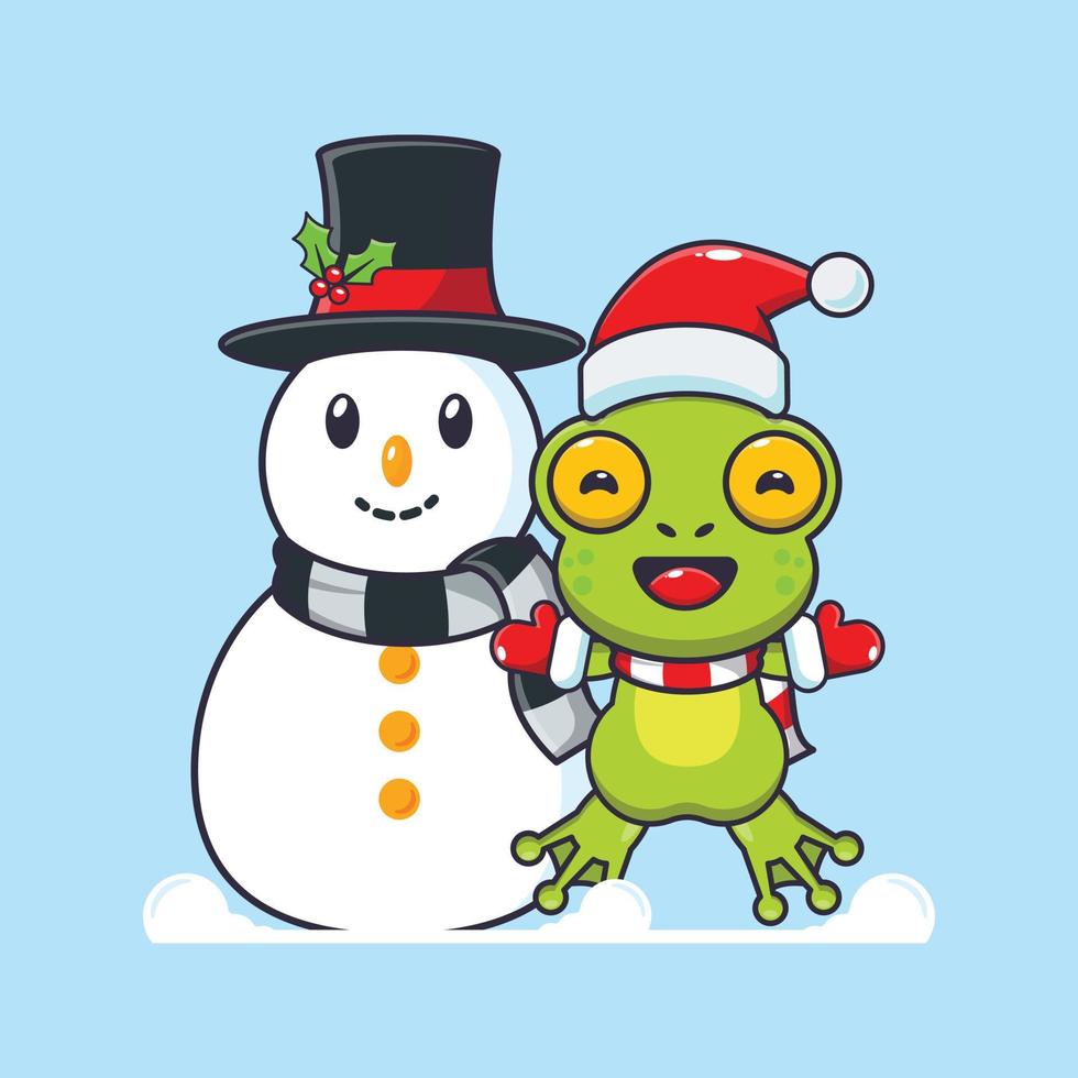 süßer frosch, der mit schneemann spielt. nette weihnachtskarikaturillustration. vektor