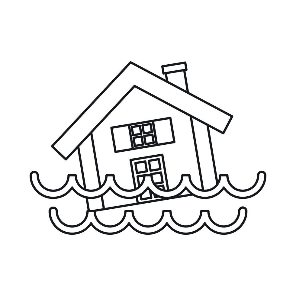 Haus versinkt in einem Wassersymbol, Umrissstil vektor