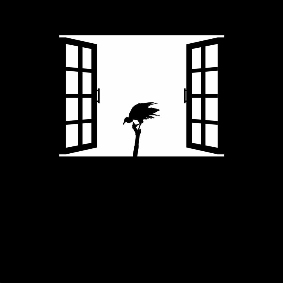 svart gam fågel på de fönster silhuett. kuslig, Skräck, skrämmande, mysterium, eller brottslighet illustration. illustration för Skräck film eller halloween affisch design element. vektor illustration
