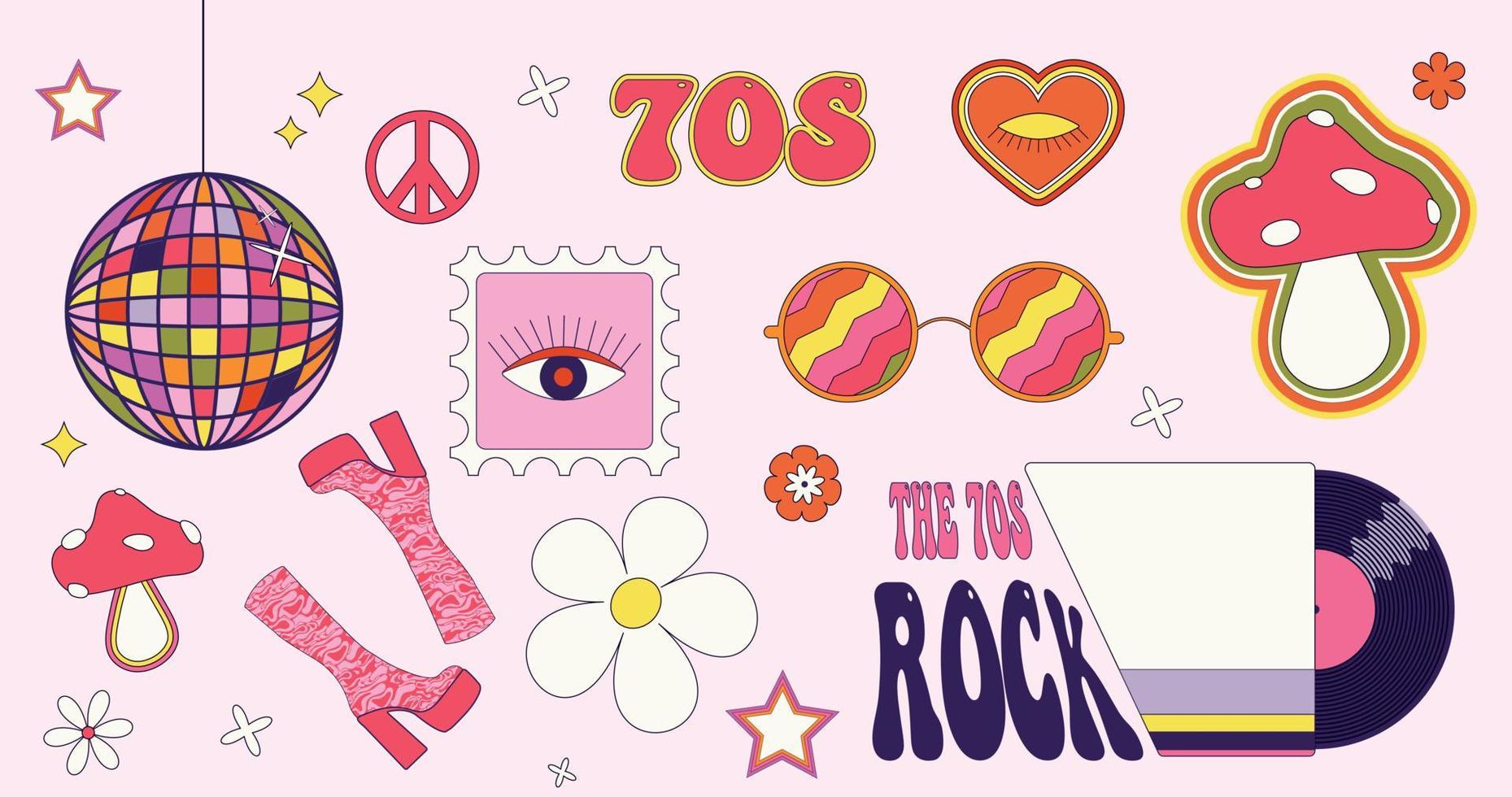 häftig 70s vektor klistermärke uppsättning. disko boll, hög stövlar, fred tecken, svamp, hippies, vinyl spela in och runda glasögon.