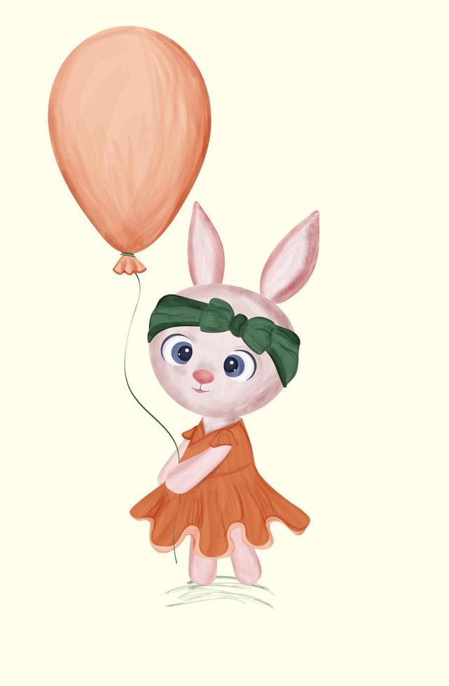 Vektor-Hase-Zeichnung. Zeichnung eines Kaninchens in einem Kleid und mit einem orangefarbenen Ballon. vektorillustration des tiers im aquarellstil für postkarten oder kleidung. vektor