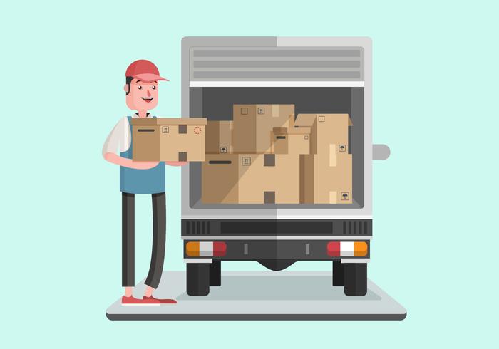 Moving van med Courier Man Vector Illustration