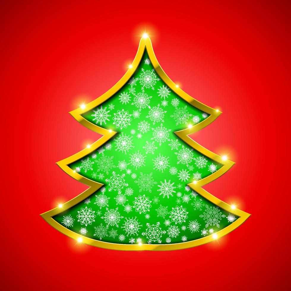 ausgeschnittener weihnachtsbaum mit goldenem rand, schneeflocken und funkeln vektor