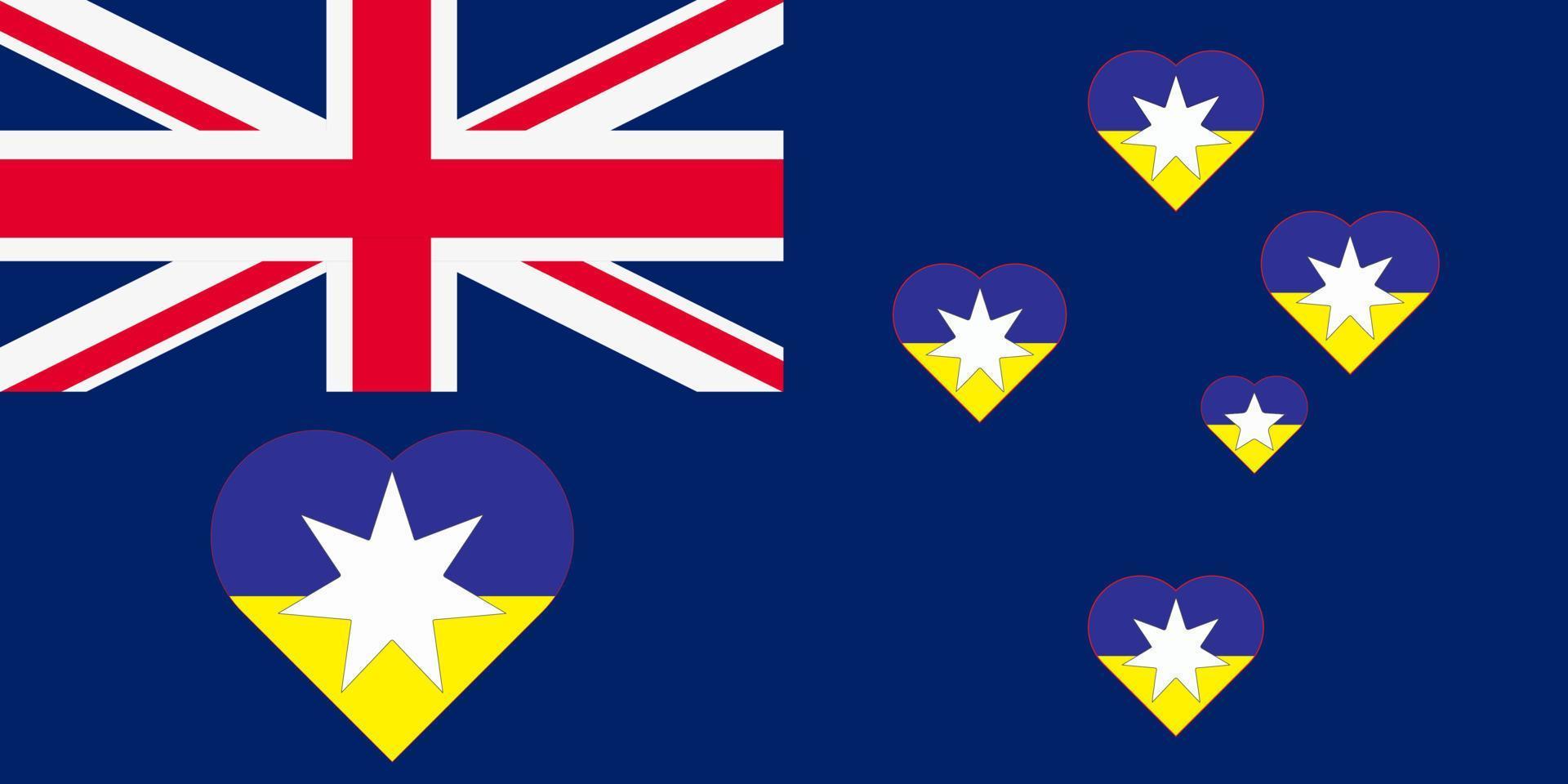 Herzen in den Farben der Flagge der Ukraine auf der Flagge Australiens gemalt. vektorillustration von blauen und gelben herzen auf dem blauen hintergrund der flagge von australien. vektor