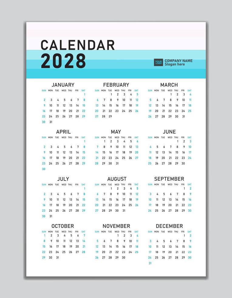 wandkalender 2028 vorlage, tischkalender 2028 design, wochenbeginn sonntag, business flyer, satz von 12 monaten, woche beginnt sonntag, organisator, planer, druckmedien, kalenderdesign pastellkonzept vektor