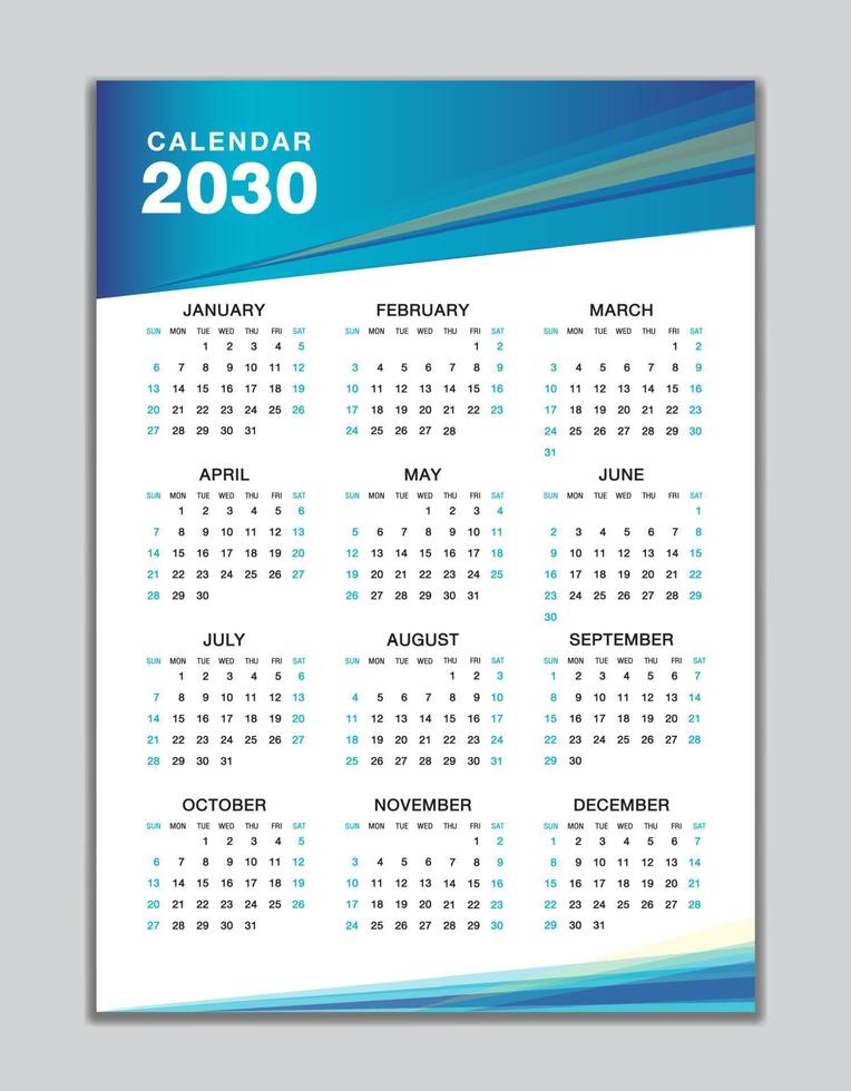 wandkalender 2030 vorlage, tischkalender 2030 design, wochenbeginn sonntag, business flyer, satz von 12 monaten, woche beginnt sonntag, organisator, planer, druckmedien, kalenderdesign blauer hintergrund vektor