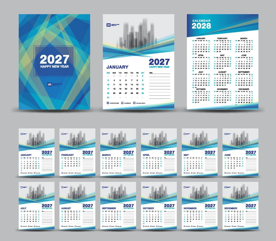 kalender 2027 mall uppsättning och 2028 år minimal blå bakgrund, vägg kalender 2027, skrivbord kalender 2027 uppsättning, omslag design, uppsättning av 12 månader, vecka börjar söndag, brevpapper, planerare, blå omslag vektor