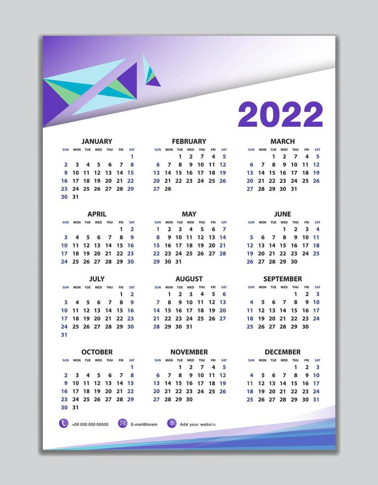 wandkalender 2022 vorlage, tischkalender 2022 design, wochenbeginn sonntag, business flyer, satz von 12 monaten, woche beginnt sonntag, organisator, planer, druckmedien, kalenderdesign lila hintergrund vektor