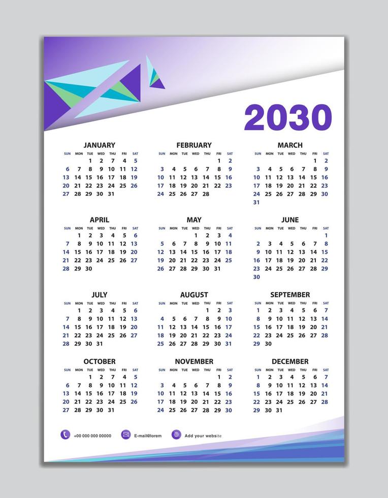 wandkalender 2030 vorlage, tischkalender 2030 design, wochenbeginn sonntag, business flyer, satz von 12 monaten, woche beginnt sonntag, organisator, planer, druckmedien, kalenderdesign lila hintergrund vektor