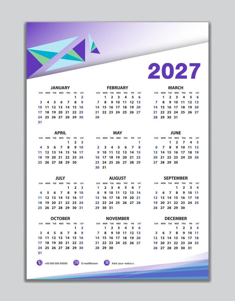 wandkalender 2027 vorlage, tischkalender 2027 design, wochenbeginn sonntag, business flyer, satz von 12 monaten, woche beginnt sonntag, organisator, planer, druckmedien, kalenderdesign lila hintergrund vektor