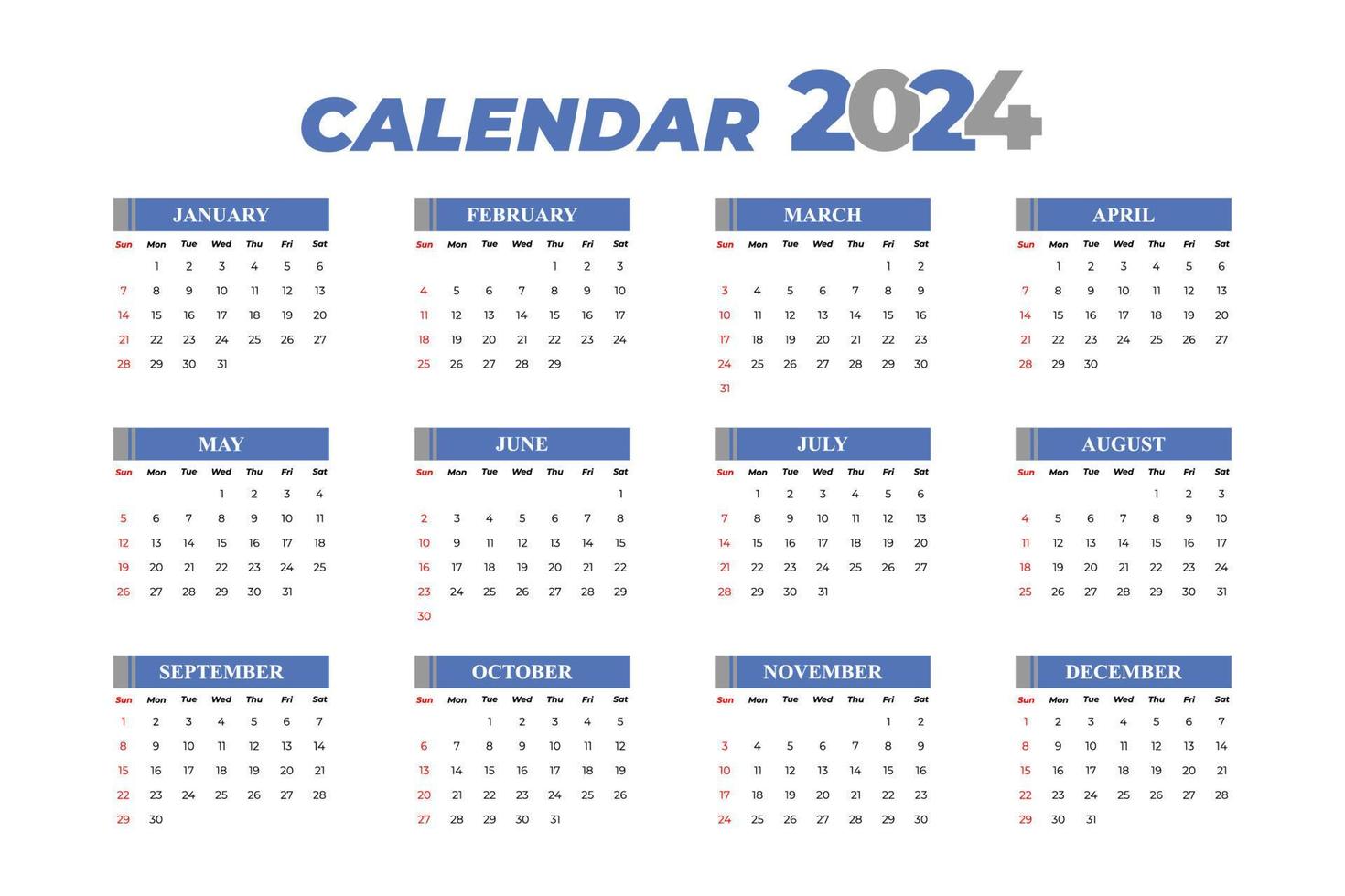 2024 Kalendervorlage, editierbarer Vektor