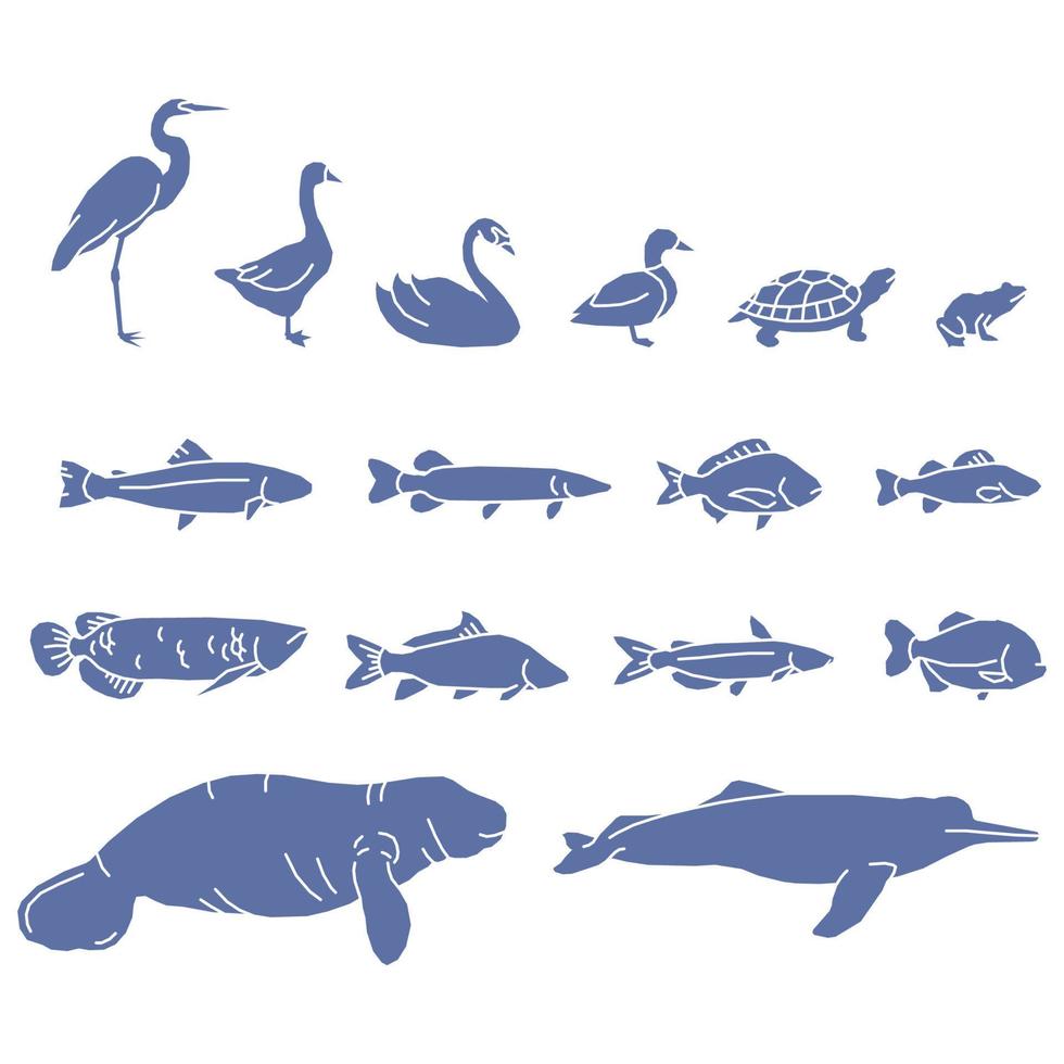 uppsättning av hav och hav under vattnet djur. söt vatten- sköldpaddor, valar, narvalar, delfiner, och färgrik fiskar. barnsligt färgad platt tecknad serie vektor illustration isolerat på vit bakgrund