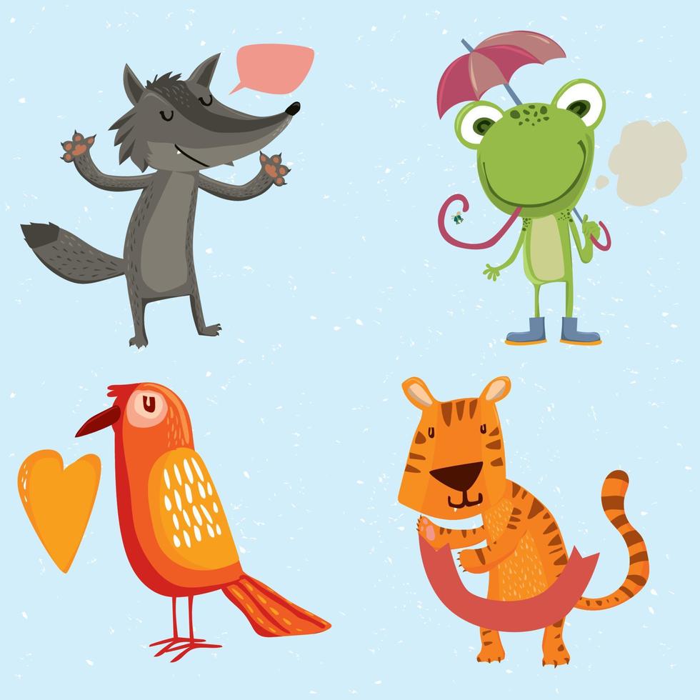 Verschiedene Tiere sind im Cartoon-Stil einzeln auf weißem Hintergrund gesetzt. Vektor-Illustration. süße tiersammlung frosch, tiger, wolf, vögel vektor