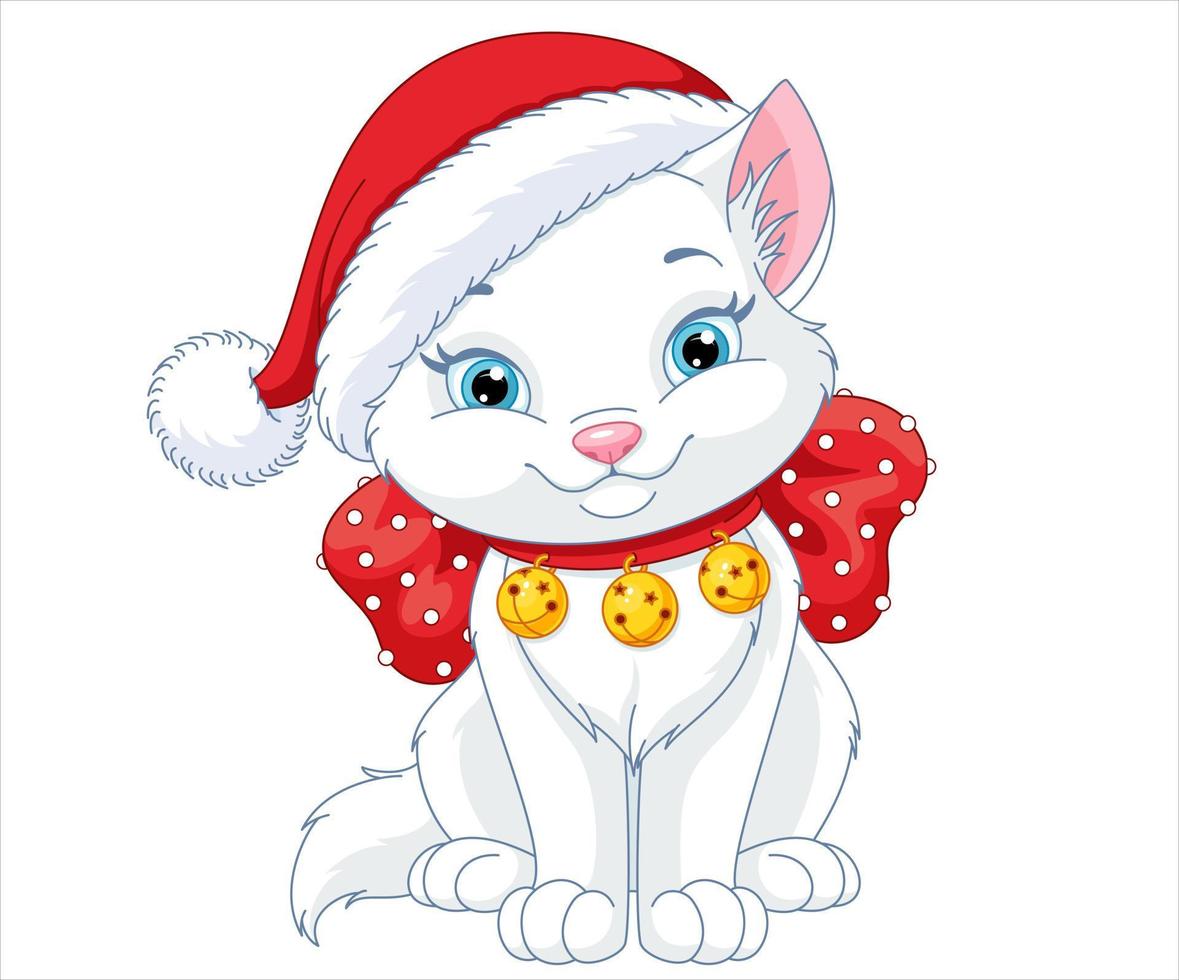 karikaturvektorillustrationen der weißen katze und des geschmückten weihnachtsbaums mit geschenken. Winterurlaub-Design-Elemente isoliert auf weiß. lustiger und süßer Retro-Charakter. für Neujahrskarten, Banner vektor