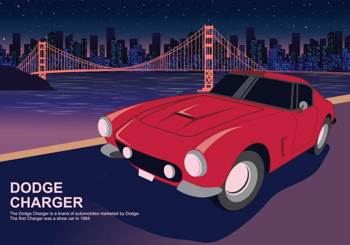 Red Dodge Charger bil på City Lights Vector Illustration