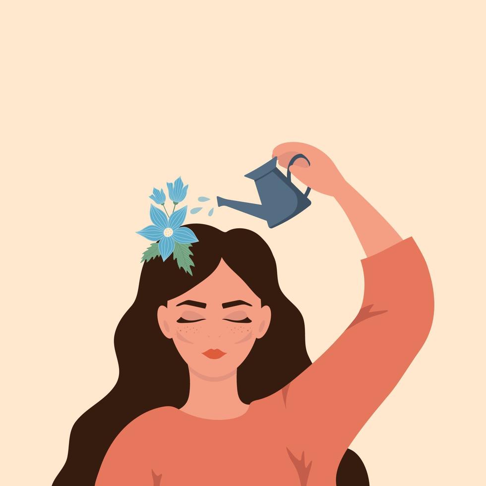 ein Mädchen, das Blumen auf ihrem Kopf gießt. Vektor-Illustration vektor