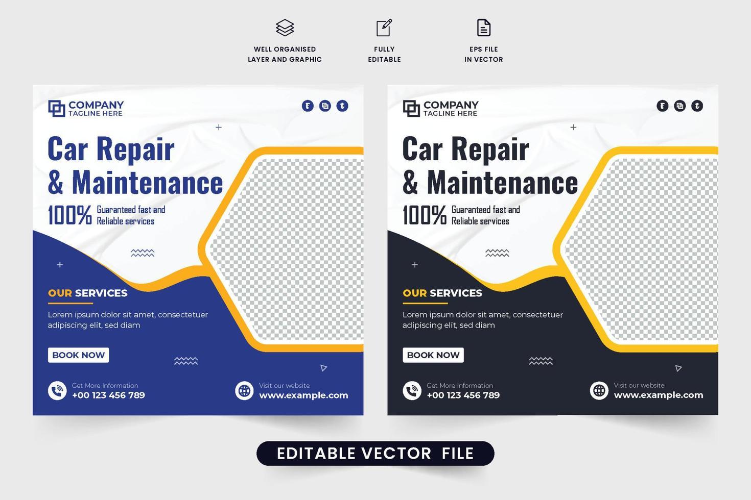 bil reparera service social media posta vektor med blå och mörk färger. modern fordon underhåll service mall för digital marknadsföring. bil reparera företag PR webb baner vektor.