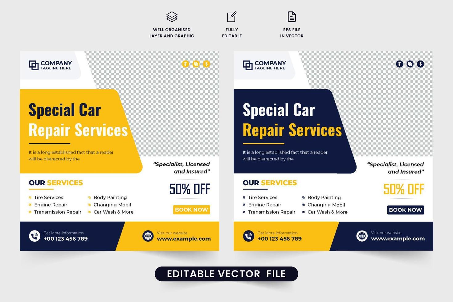 särskild bil reparera service rabatt mall vektor med gul och mörk färger. bil underhåll service social media posta design för marknadsföring. fordon förvaltning och rengöring service mall