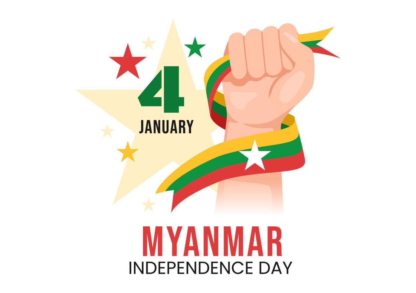 feiert den unabhängigkeitstag von myanmar am 4. januar mit flaggen in flacher hand gezeichneter schablonenillustration des karikaturhintergrundes vektor