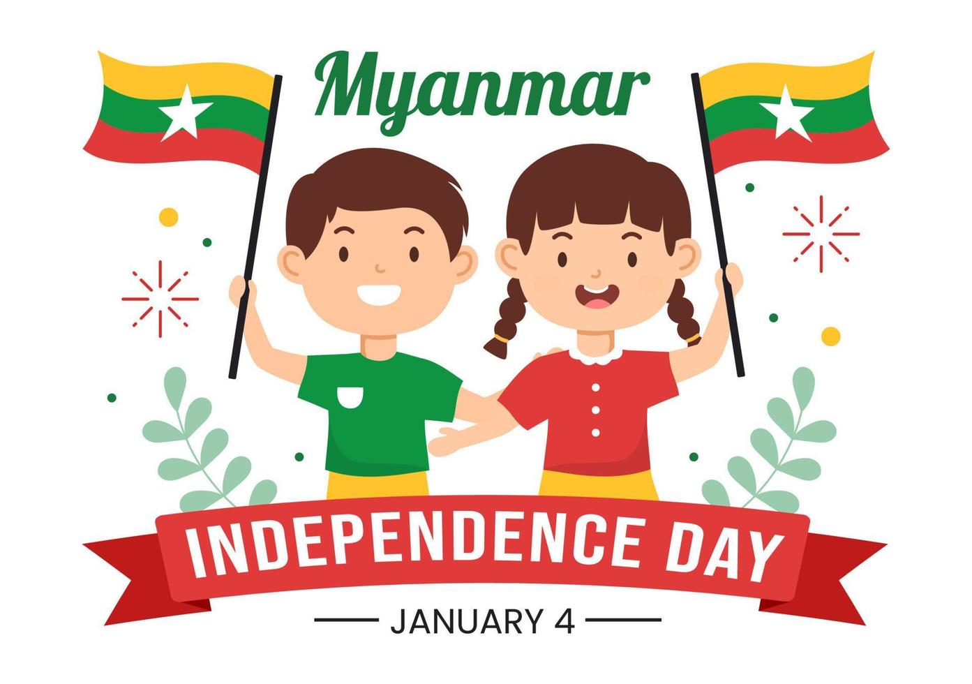 feiert den unabhängigkeitstag von myanmar am 4. januar mit kleinen kindern, die flaggen in handgezeichneten vorlagenillustrationen der karikatur tragen vektor