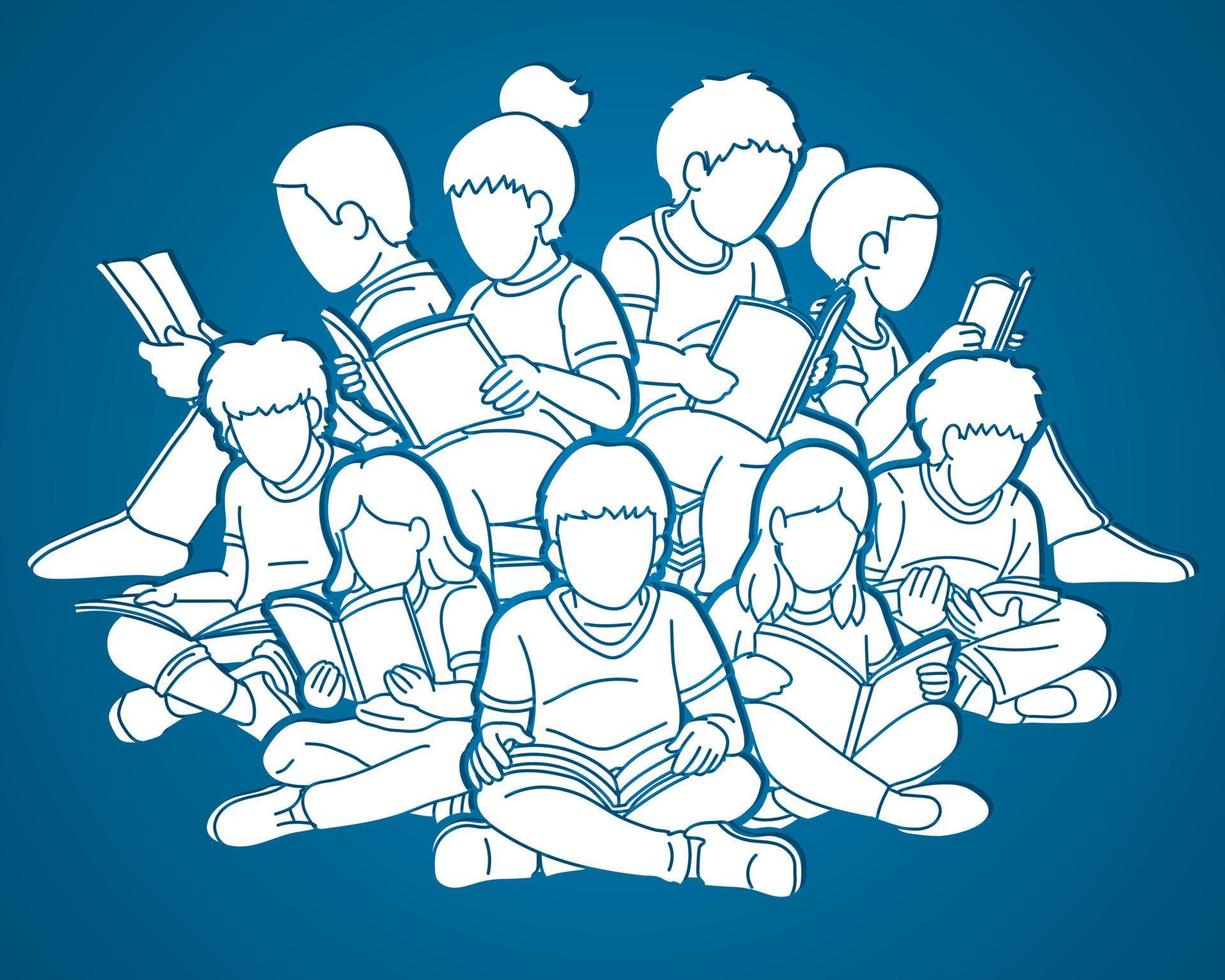 Gruppe von Kindern, die zusammen Bücher lesen vektor