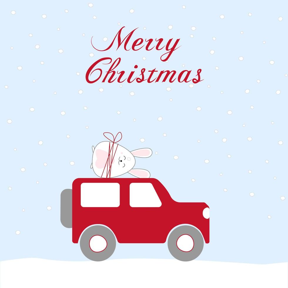 weihnachtskartendesign mit einem hasen auf einem roten auto.winterurlaubsdesign für postkarten, papierdrucke, webbanner.2023 ist das jahr des kaninchens. Vektor-Illustration vektor