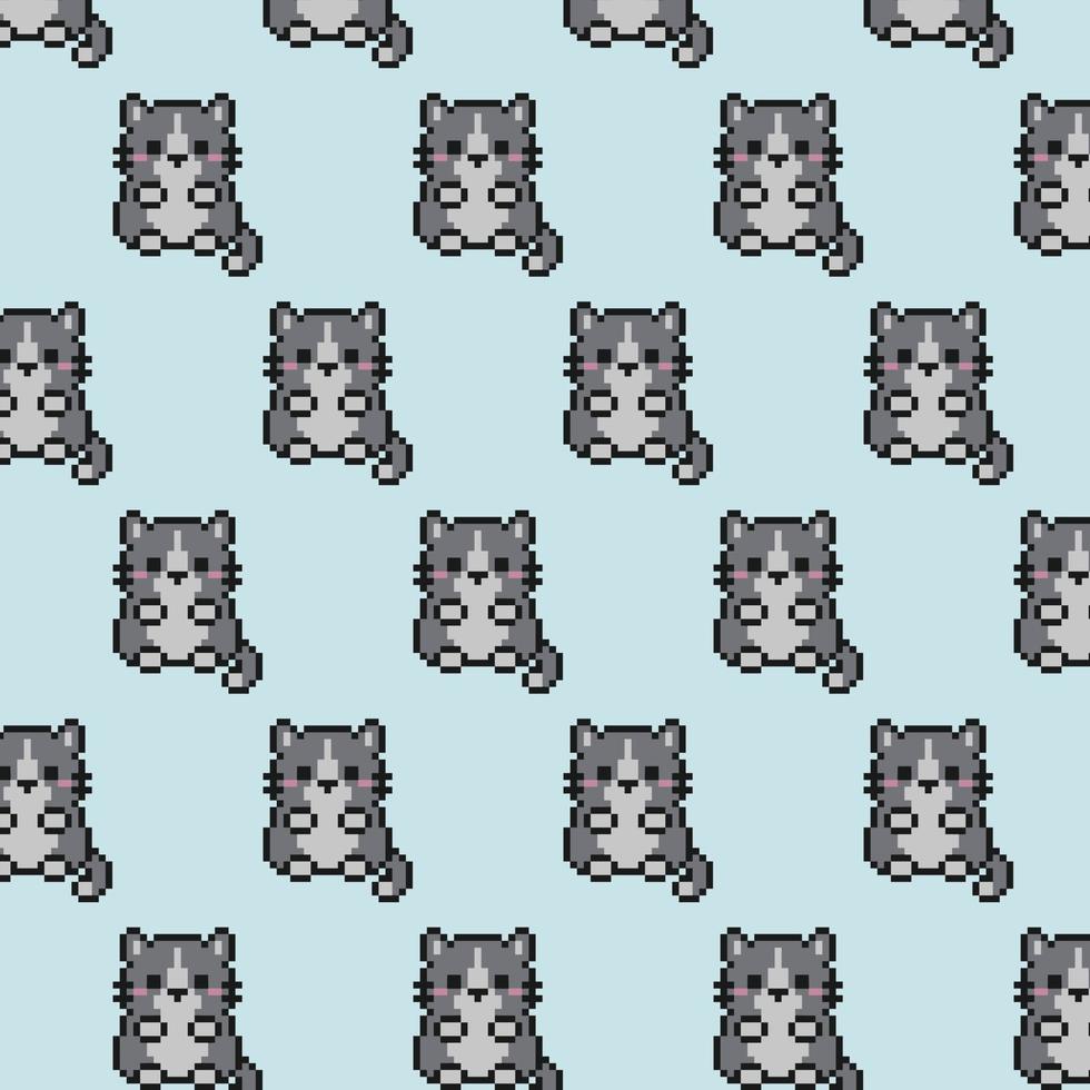 niedliches graues Pixelkatzenmuster auf hellblauem Hintergrund. 8-Bit-Cartoon-Tierfigur. textur für stoff, verpackung, textil, tapeten. dekorativer Druck. kitty im Stil von Computerspielen vektor