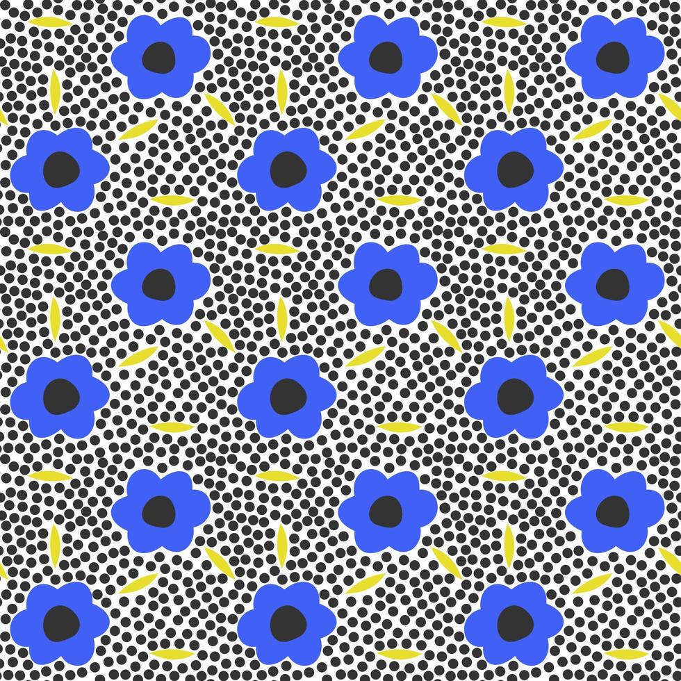 trendiges nahtloses Blumenmuster mit Tupfen. beschmutzter Hintergrund mit handgezeichneten blauen Blumen und gelbem Blatt. muster für textilien, verpackungspapier, geschenk, stoff, verpackung, druck auf etuis vektor