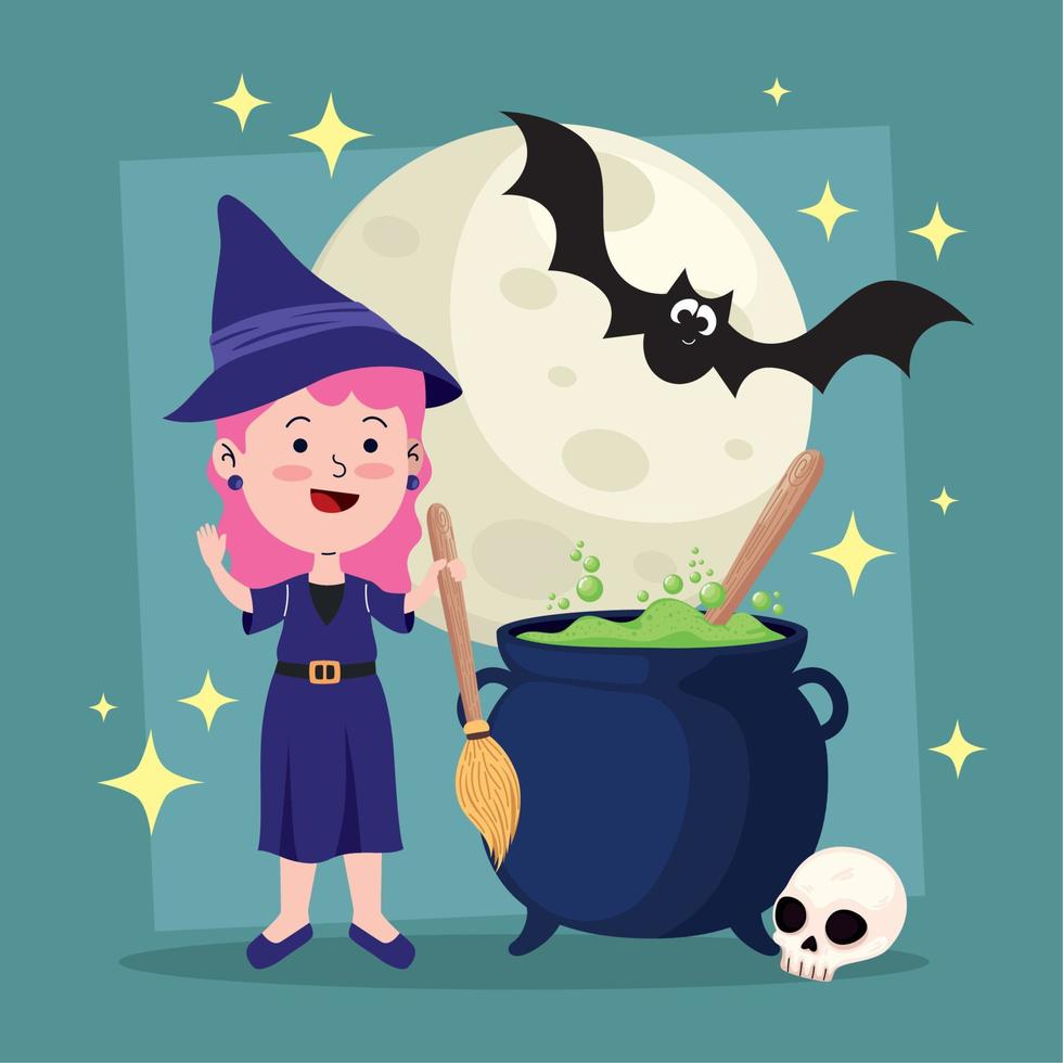 Halloween-Hexe mit Kessel und Fledermaus vektor