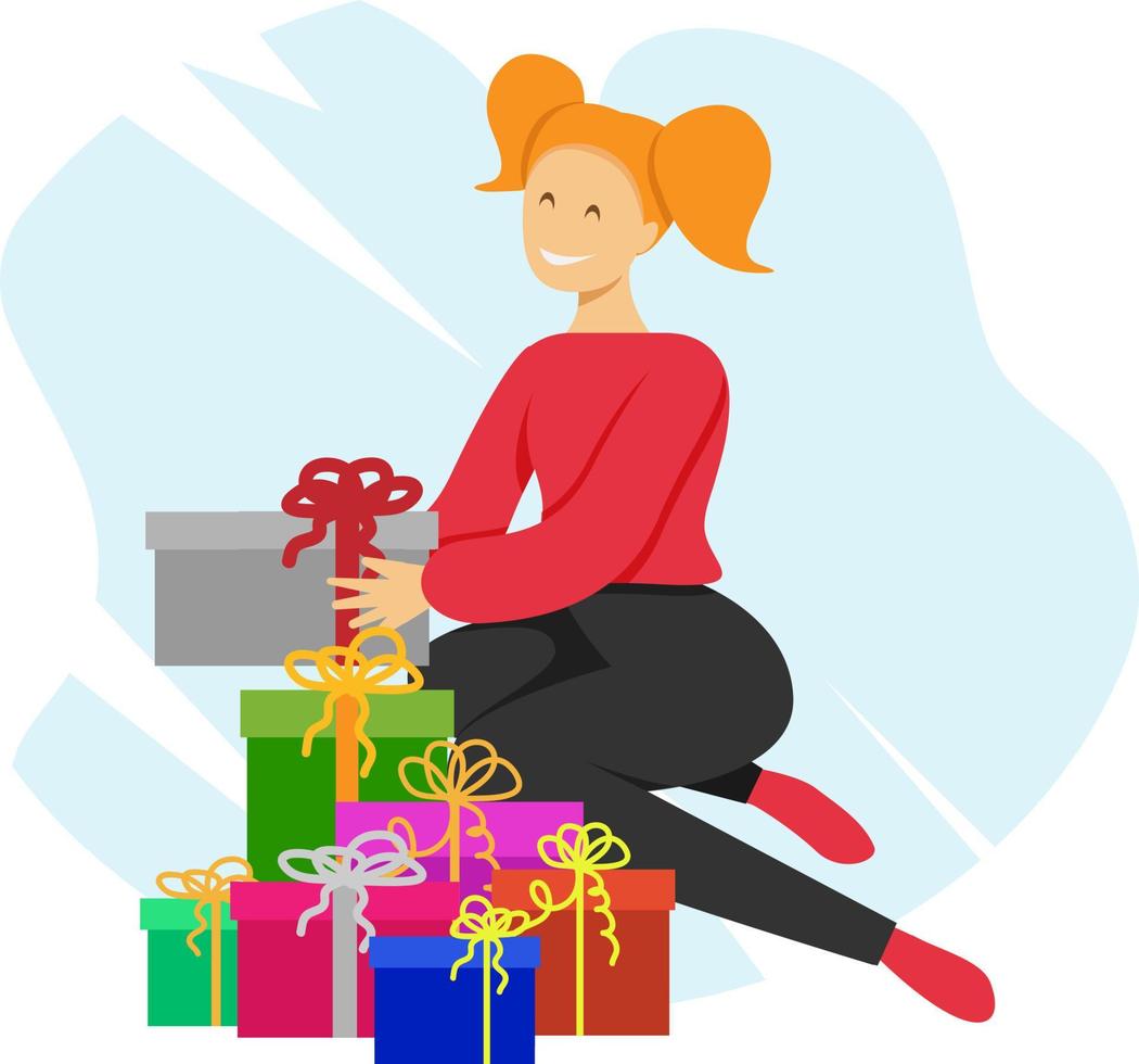 Mädchen mit roten Haaren packt Geschenke aus vektor
