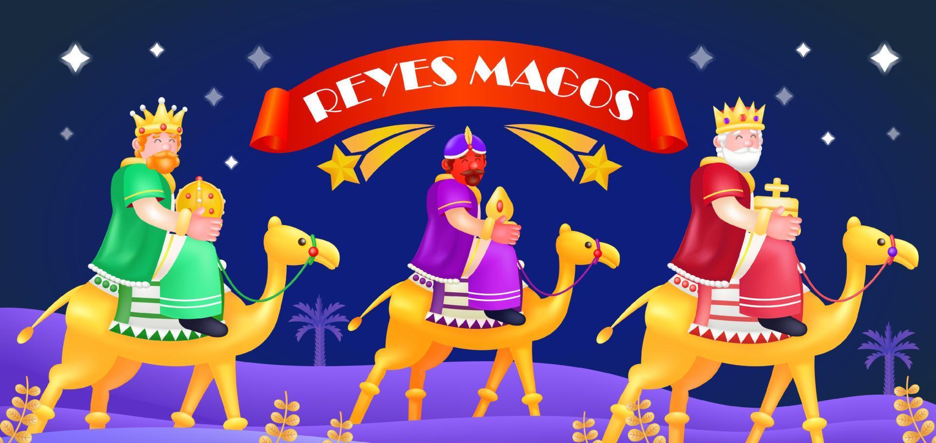 reyes magos. 3D-Darstellung von drei Priestern, die auf Kamelen reiten, mit einer Sternschnuppe im Hintergrund vektor