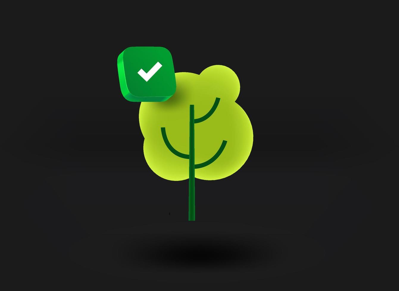 grüner Baum mit Häkchen-Symbol. 3D-Vektor-Illustration vektor