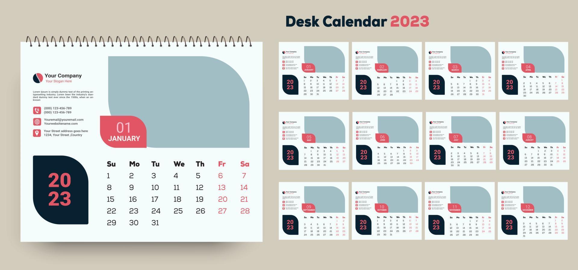 minimal skrivbord kalender design 2023 och en gång i månaden planerare design. vektor