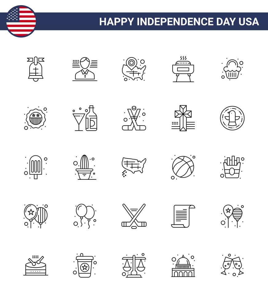 Usa Happy Independence Day Piktogrammsatz aus 25 einfachen Linien von Partyurlaubsstaaten Festivität Grill editierbare Usa Day Vektordesign-Elemente vektor