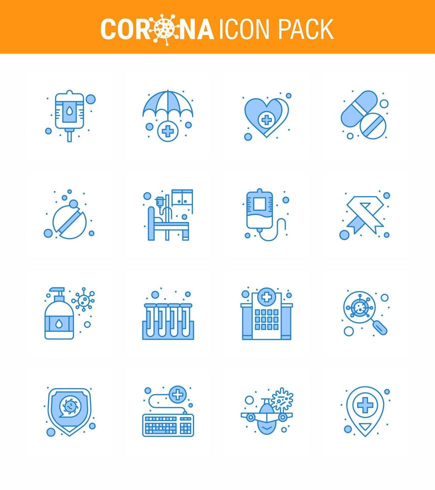 16 blaue Virus-Corona-Icon-Packs wie Pflegepillen medizinische Tablette virales Coronavirus 2019nov-Krankheitsvektor-Designelemente vektor