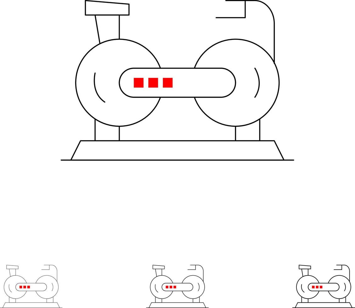 Fahrrad Fahrrad Heimtrainer Fitness Fett und dünne schwarze Linie Symbolsatz vektor