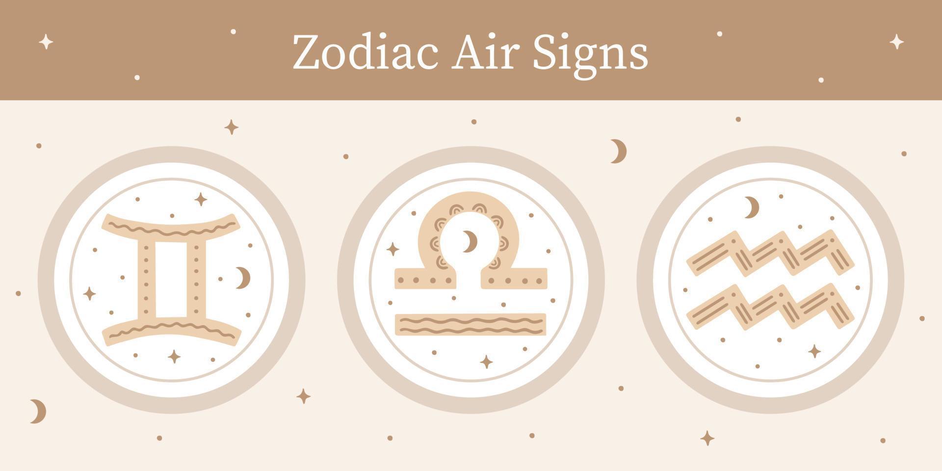 Reihe von handgezeichneten verzierten Sternzeichen. Zwillinge, Waage, Wassermann-Vektor-Horoskop-Symbole. astrologische Tierkreisaufkleber vektor