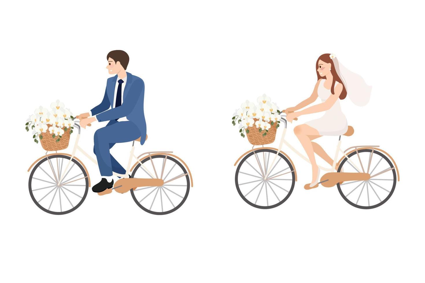 schöne junge frisch verheiratete hochzeitspaare fahren isoliert fahrrad vektor