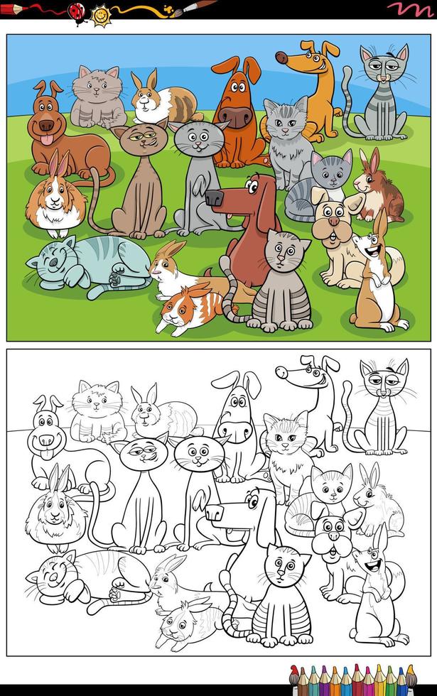 karikaturhunde und katzen und kaninchengruppen-malseite vektor