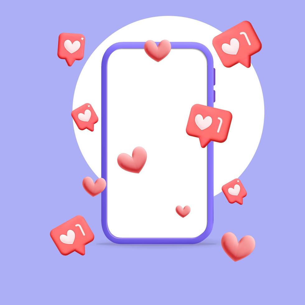 3d vektor tycka om och hjärta symbol på social media nätverk mobil app på smartphone affisch design