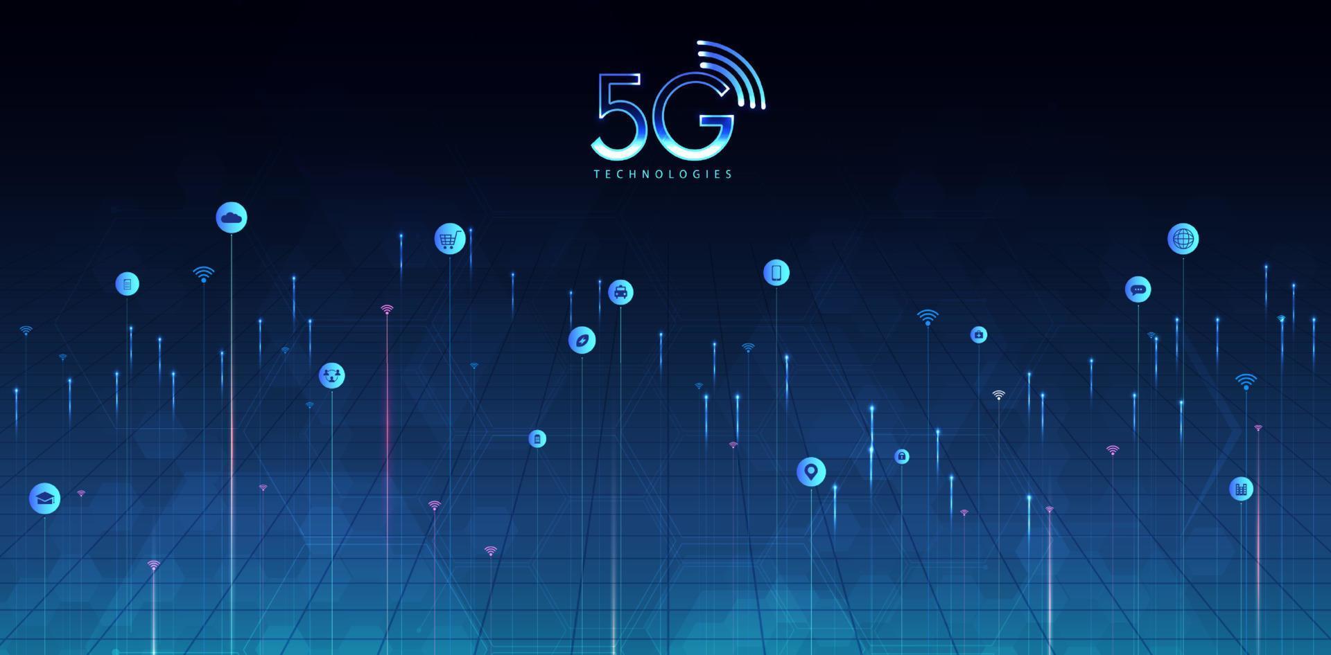 5g-Technologie mit Computernetzwerk-Verbindungsleitung zwischen Gebäude. konnektivität und globale netzwerksysteme und internet der dinge konzept. Vektordesign. vektor