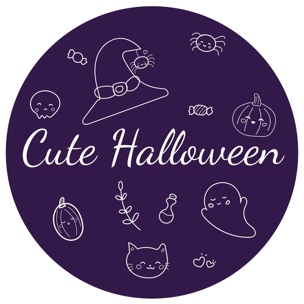 hand dragen söt halloween tecknad serie stil på lila bakgrund. isolerat hatt, pumpa, lämna, katt, godis, Spindel. vektor