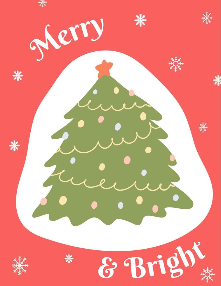weihnachts- und frohes neues jahr grußkarte im flachen karikaturstil. hand gezeichnete vektorillustration des weihnachtsbaums auf rotem hintergrund mit schneeflocken vektor