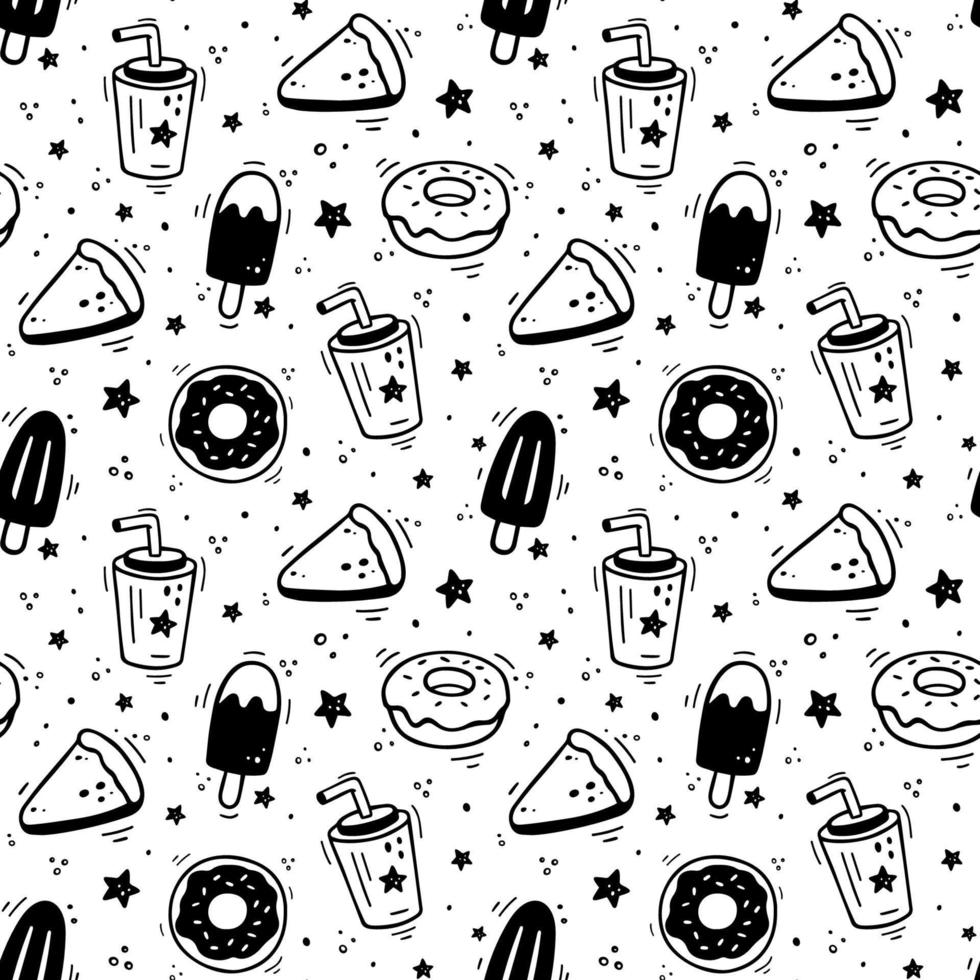 Fast-Food-Muster. hand gezeichnete fast-food-dessertikonen. skizze von süßen snackelementen - eis, donuts, kuchen, getränk, milchshake. fast-food-illustration im gekritzelstil. Fast-Food-Sammlung. vektor